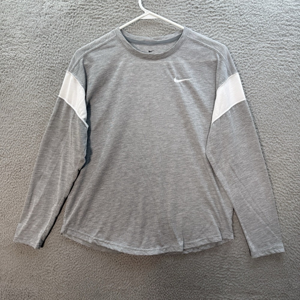 Nike Shirt Womens Small Gray White Dri Fit Long Sleeve Small Swoosh Athleisure